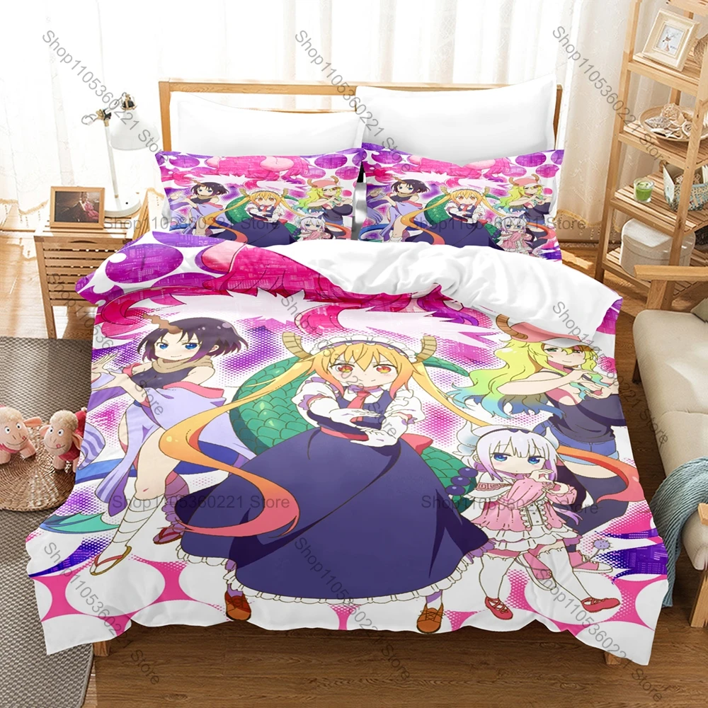Miss Kobayashi's Dragon Maid Characters Bedding Set 3Pcs Printed Duvet Cover Set Linen for Anime Lovers Home Bedroom Decor Gift