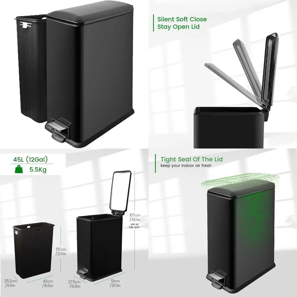 

Narrow Space-Friendly 45L Black Stainless Steel Kitchen Trash Can with Soft-Close Lid and Step Bin for Easy Garbage Disposal