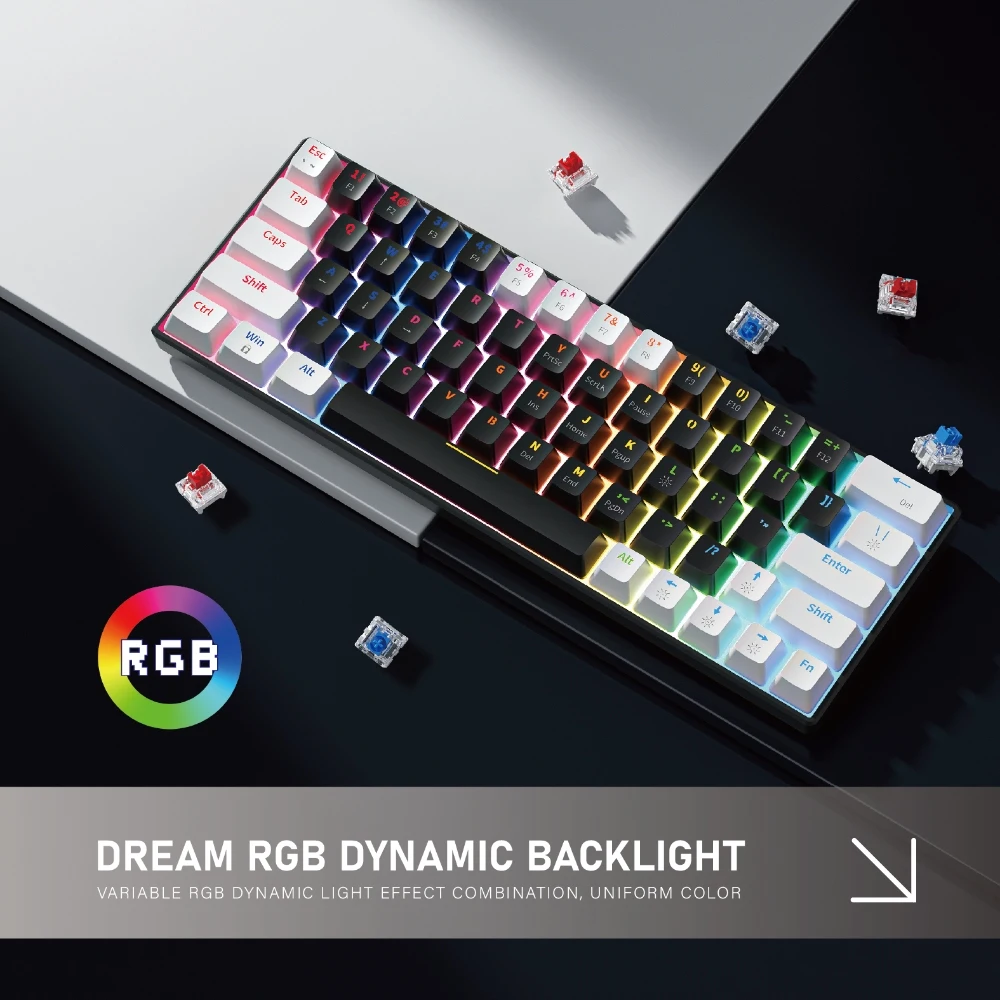 FURYCUBE KA646, 60% Mechanical Keyboard, 63 Keys, Wired Type-C Hot Swap, Rainbow Backlight, White Mini Gaming Keyboard