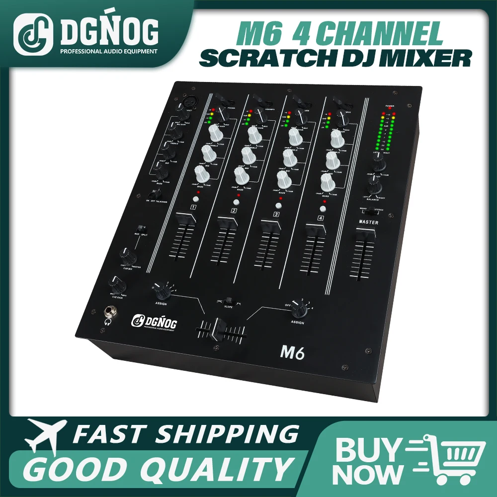 4-Channel DJ Mixer DGNOG M6 with Built-In Audio Interface 3-Band EQ Microphone Input and Replaceable Crossfader for Stage DJ