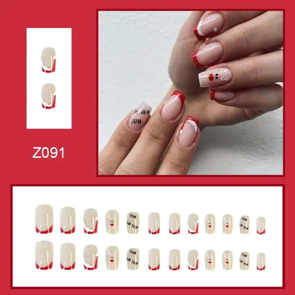 24pcs Nail Tips Press on Nails Almond Ballerina Red French Coffin Snowflake Christmas Santa Claus Fake Nails