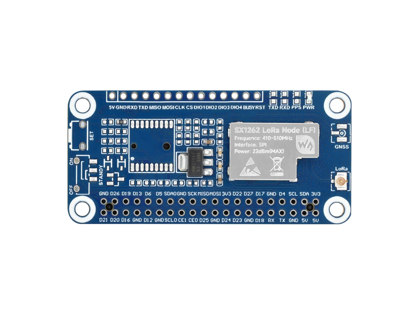 

SX1262 LoRaWAN HAT,SX1262 LoRaWAN Node Module Expansion Board For Raspberry Pi, 433/470M and 868/915M Frequency Version