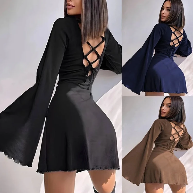 

2026 Women‘s Black Lace-Up A-Line Dress - Sexy Long Sleeve O-Neck Summer Dress, New Style Vestidos De Verano Mujer