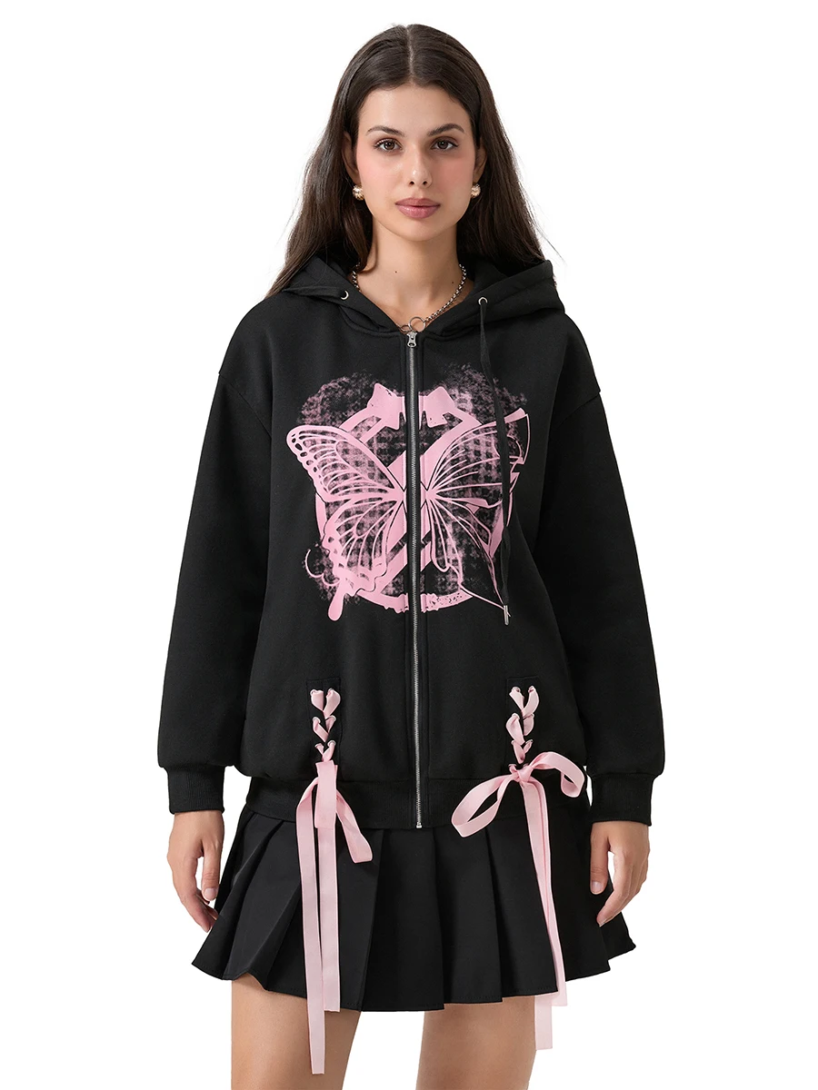 

2024 Women Loose Hoodies Butterfly Print Long Sleeve Teen Harajuku Fall Jacket Casual Clothes Zip-Up Oversized Sweatshirts Coat