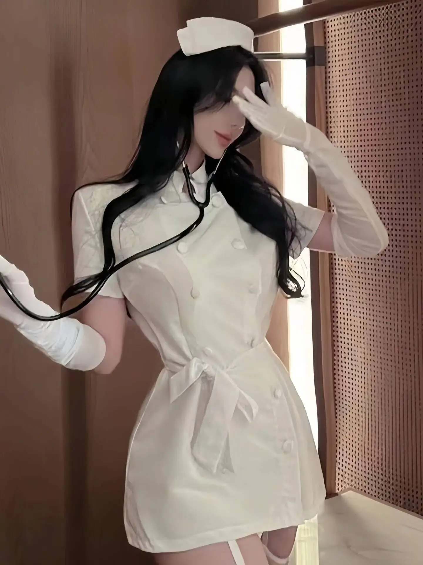 Sexy Nurse Uniform Role-playing Pure Desire Pajamas Round Neck Short Mini Dress Long Sleeve Strap Dress Elegant White J4PK