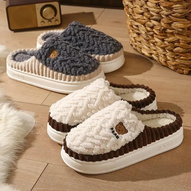 2026 New Cotton Slippers Men Women Winter Thick Sole Non Slip Large Size Indoor Warm Plush House Slippers