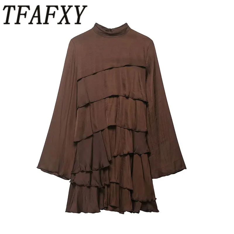 TFAFXY 2026 Frühling Rüschen Kurzkleid Damenkleider Satin Minikleid Damen Langarm Elegante Partykleider