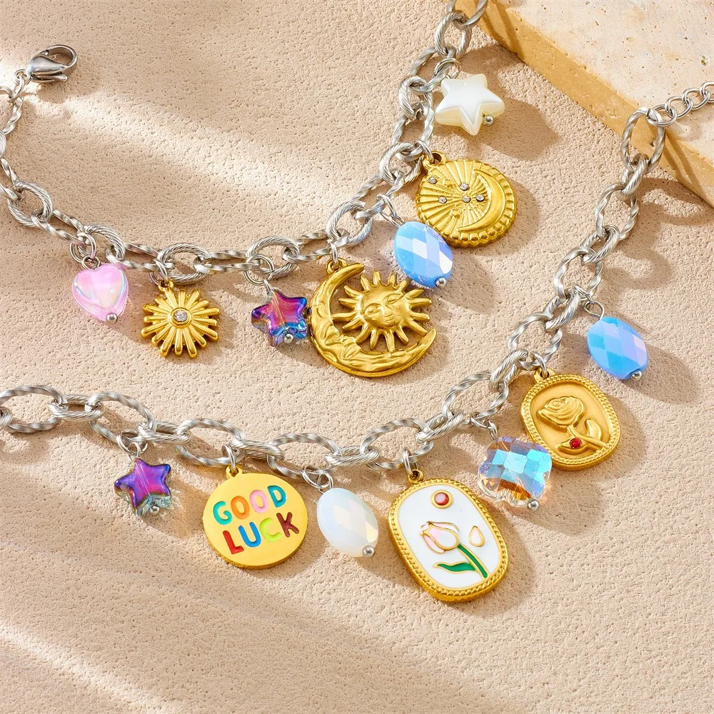 

Tulips Flower Moon Stars Heart Bracelet For Women Fashion New Classic Stainless Steell Wrist Chain Jewelry Party Glamorous Gift