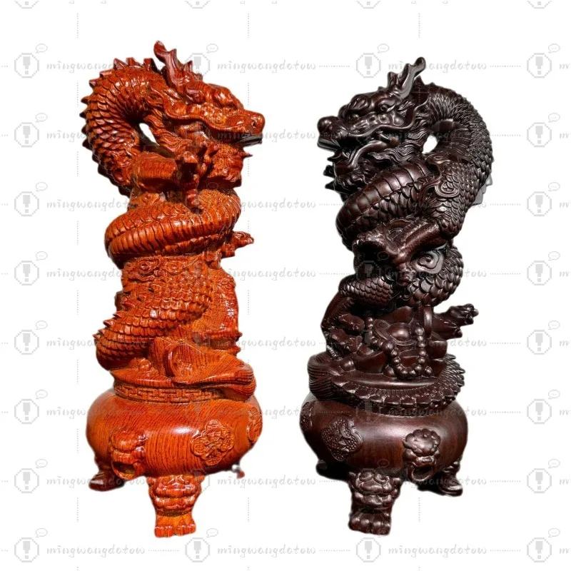 Ebony Carved Zodiac Dragon Statue, Treasure Basin Panlong, Chinese Dragon Craft Decor for Office & Shop Opening Gift