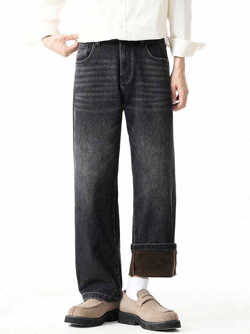 KSTUN Men's 2026 Winter Fleece Lined Wide Leg Jeans Thickened Denim Pants High Quality Loose Straight Streetwear Black Trousers