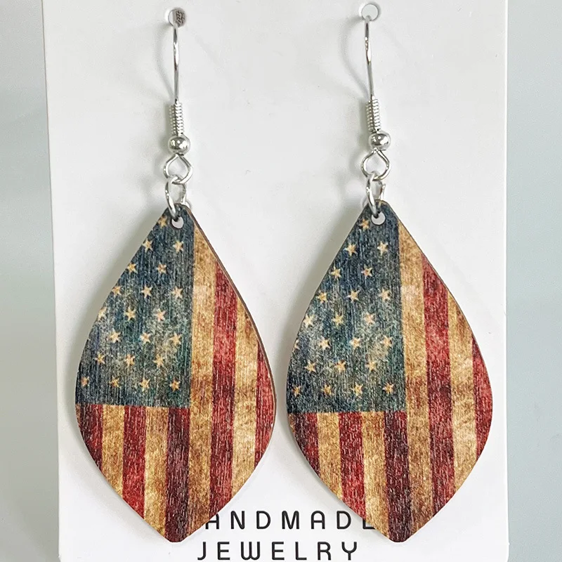 Vintage style Independence Day patchwork earrings, wooden Bohemian circular, American flag, fireworks geometric pattern earring