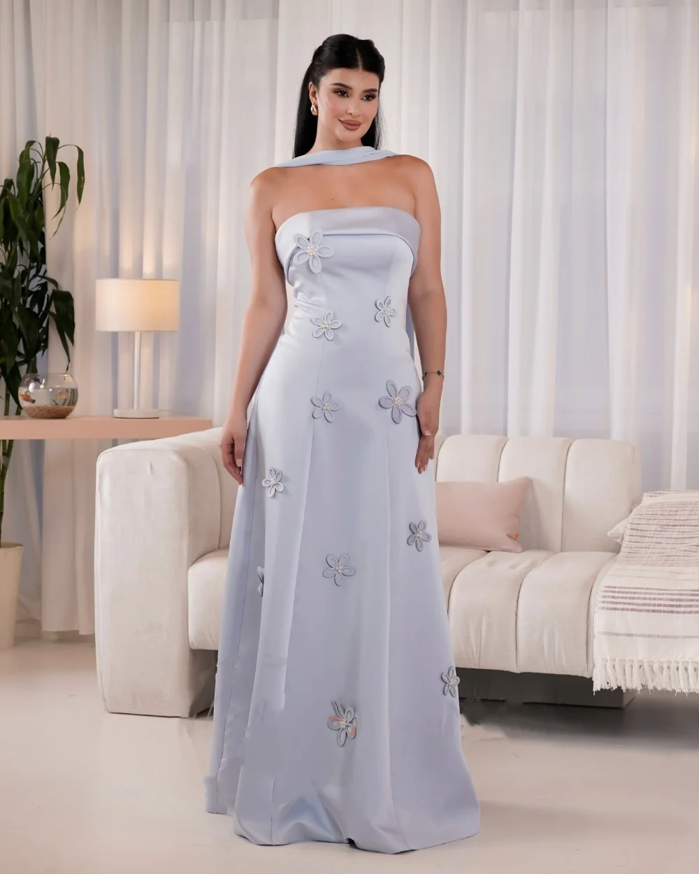 

Customized Formal Charmeuse Pleat Flower A-line Strapless Long Dresses Bespoke Occasion Celebrity Matching Fashion