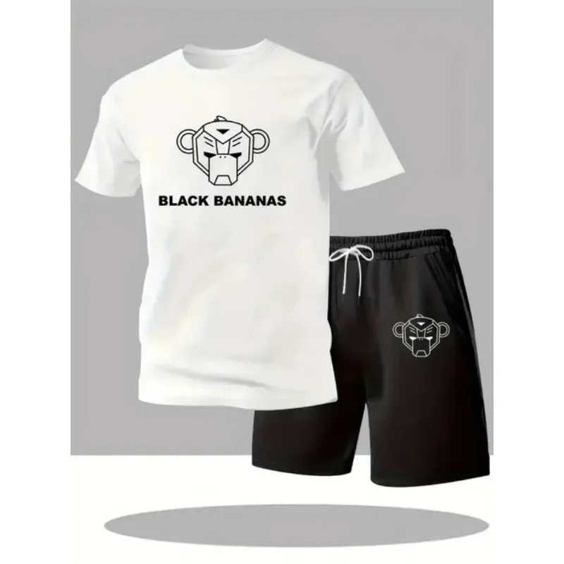 Men'S Casual Short Sleeve and Shorts Set, Simple and Fashionable, Breathable, Crew Neck, Loose Fit, Polyester Spandex, Alphabet