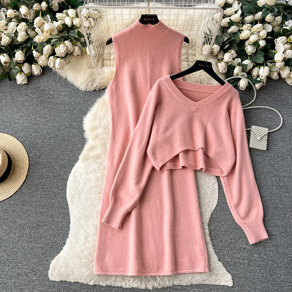 

Croysier Knitted Matching Sets Women 2023 Asymmetric Hem Crop Sweater Pullover And Mock Neck Midi Dress Winter Two Piece Set