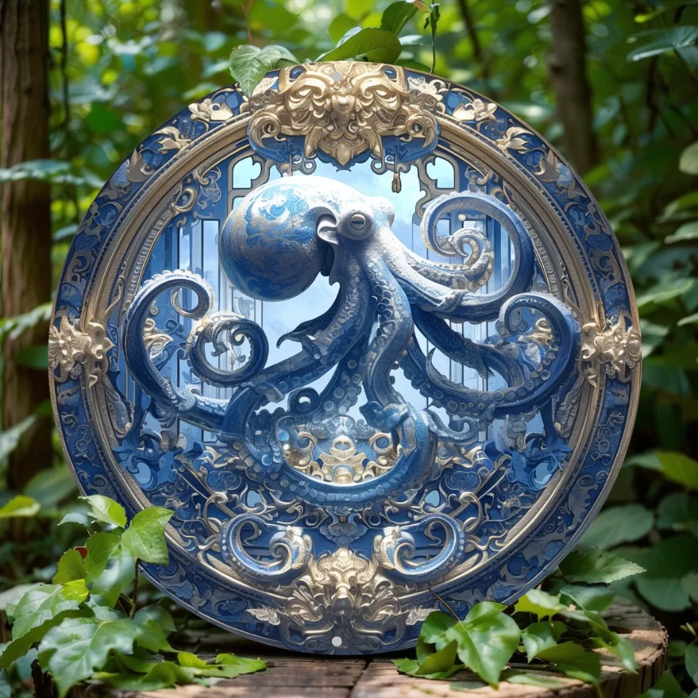 

Octopus-Themed Round Aluminum Wall Art - Durable, Easy-To-Clean Home & Office Decor Sign, Perfect for Gifts Octopus Decor