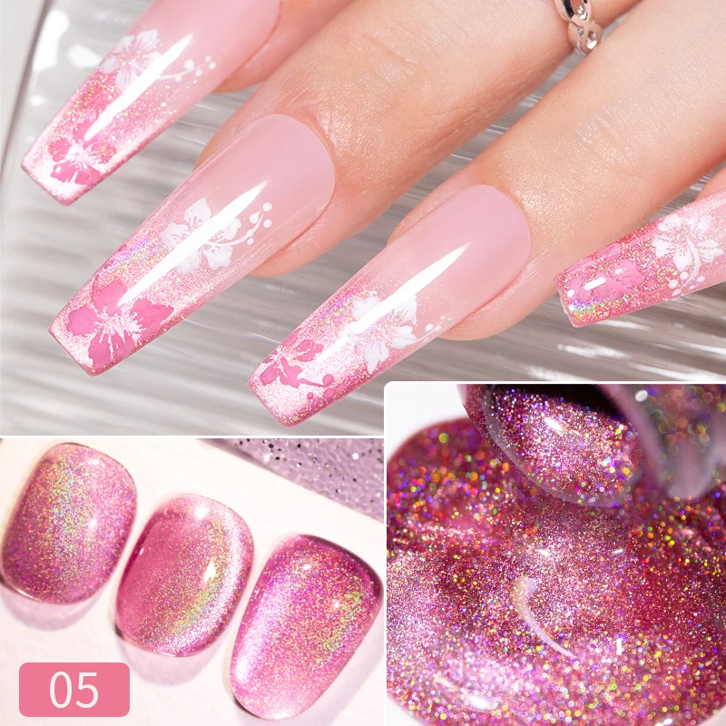 PUENTE 7.5ML Laser Starlight Cat Magnetic Gel Nail Polish Super Shine Holographic Glitter Cat Eye Gel Soak Off UV Nail Art Gel