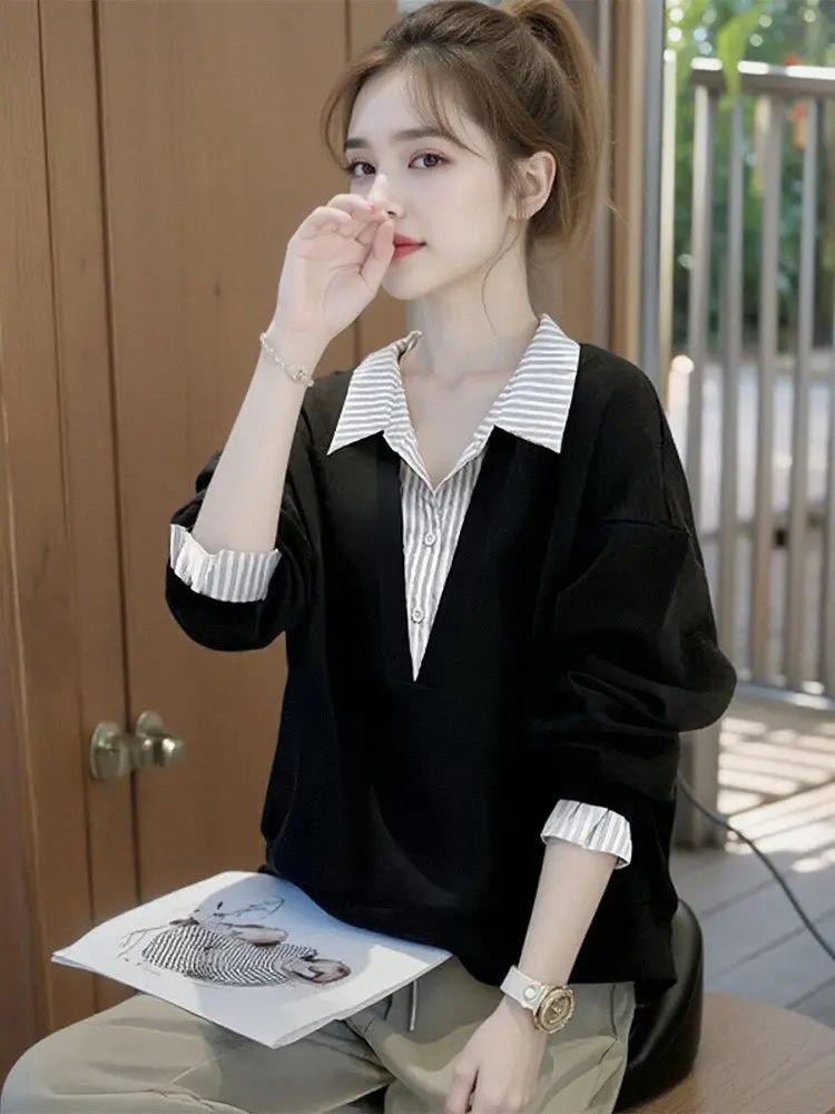 

Свободная женская рубашка с длинным рукавом в полоску, весна-осень, новый стиль, пэчворк, большие размеры, повседневный топ в корейском стиле для офиса и города