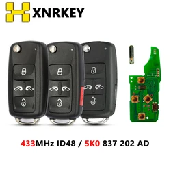 XNRKEY 4Button Car Flip Remote Key ID48 Chip 433Mhz FCC 5K0837202AD for VW Sharan Multivan T5 Caravelle Car Key