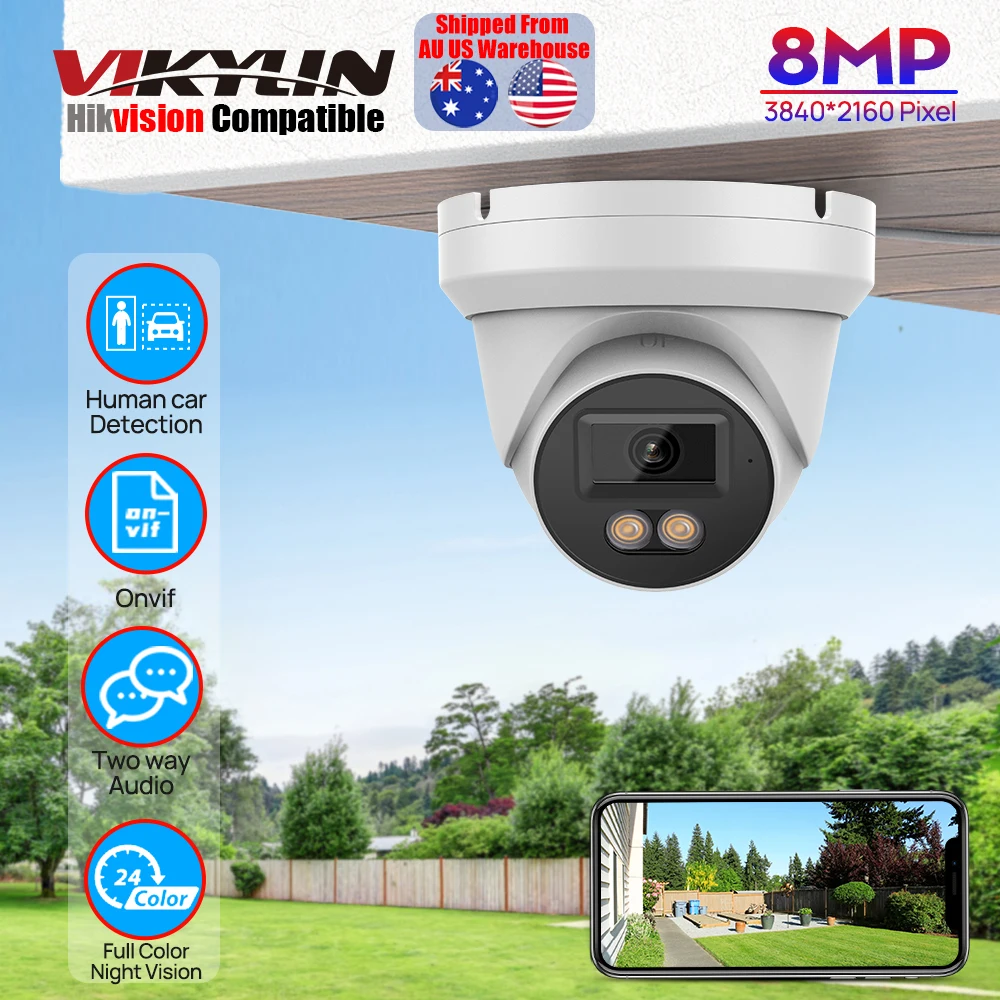 

Vikylin 2.8mm Lens 4K 8MP Turret POE IP Camera Human Vehicle Detection Built in MIC Home CCTV Outdoor Security Camera Onvif IP66