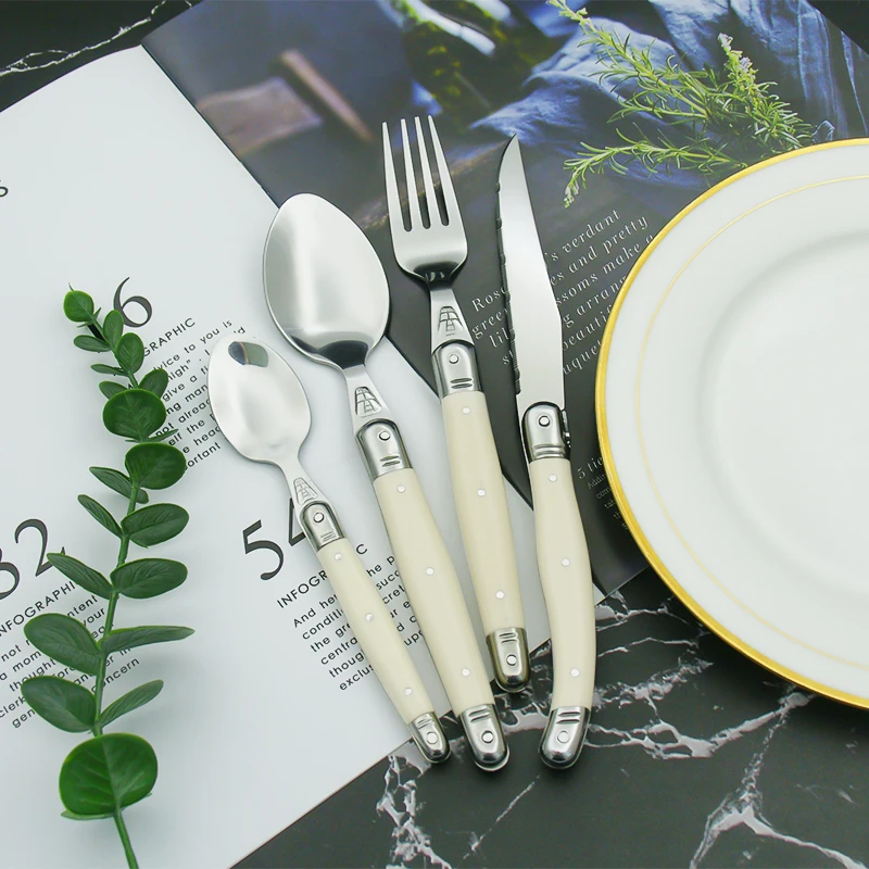 4-24pcs Laguiole Dinner Set Ivory White Dinnerware Steak  Knife Fork Spoon Teaspoon Stainless Steel Cutlery Restaurant Flatware