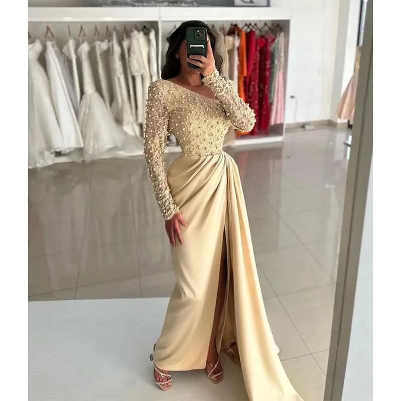 

Exquisite Pearls Evening Dresses V Neck Long Sleeves Prom Dress Split Vestidos De Gala Side Train Formal Dresses for Women