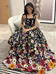 3D Flower Formal Occasion Dresses 2023 A-line Lace Long Ball Gowns Spaghetti Strap Black Evening Party Gowns فساتين الحفلات