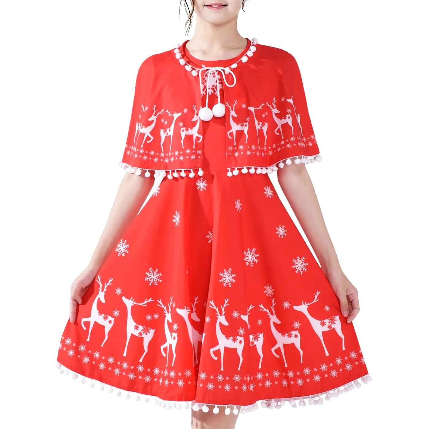 Girls Dress Reindeer Red Cape Cloak Christmas New Year