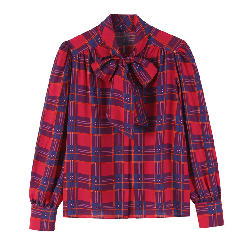 Guobioziy 2026 Autumn Relaxed Fit Women Bow Tie Neck Plaid Shirt Bow Decor Puff Long Sleeve Button Front Commute Casual Wear
