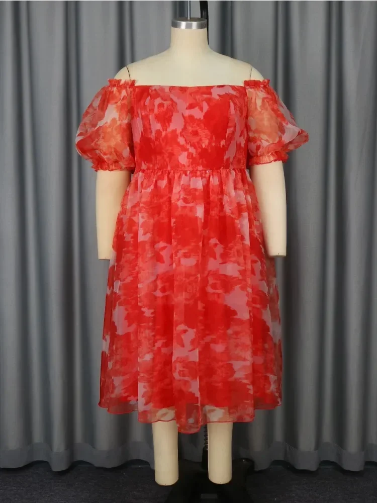plus Size Elegant Red Floral Off-Shoulder Puff Sleeve Maxi Dress Spring Wedding Guest Flowy A-Line Women's Curve Dress