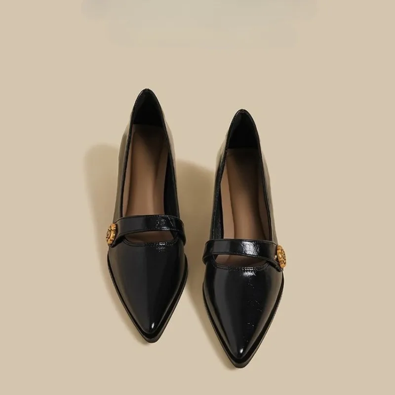 

Кожаные улучшенные женские туфли Мэри Джейн на высоком каблуке в стиле ретро с украшением в виде пряжки, острый носок, толстый каблук