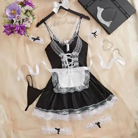Disfraz de sirvienta Lolita blanco y negro, disfraces de Cosplay, conjunto de vestido bonito, delantal francés Sexy, uniforme, falda de fiesta de sirvienta de cafetería, ropa de mujer