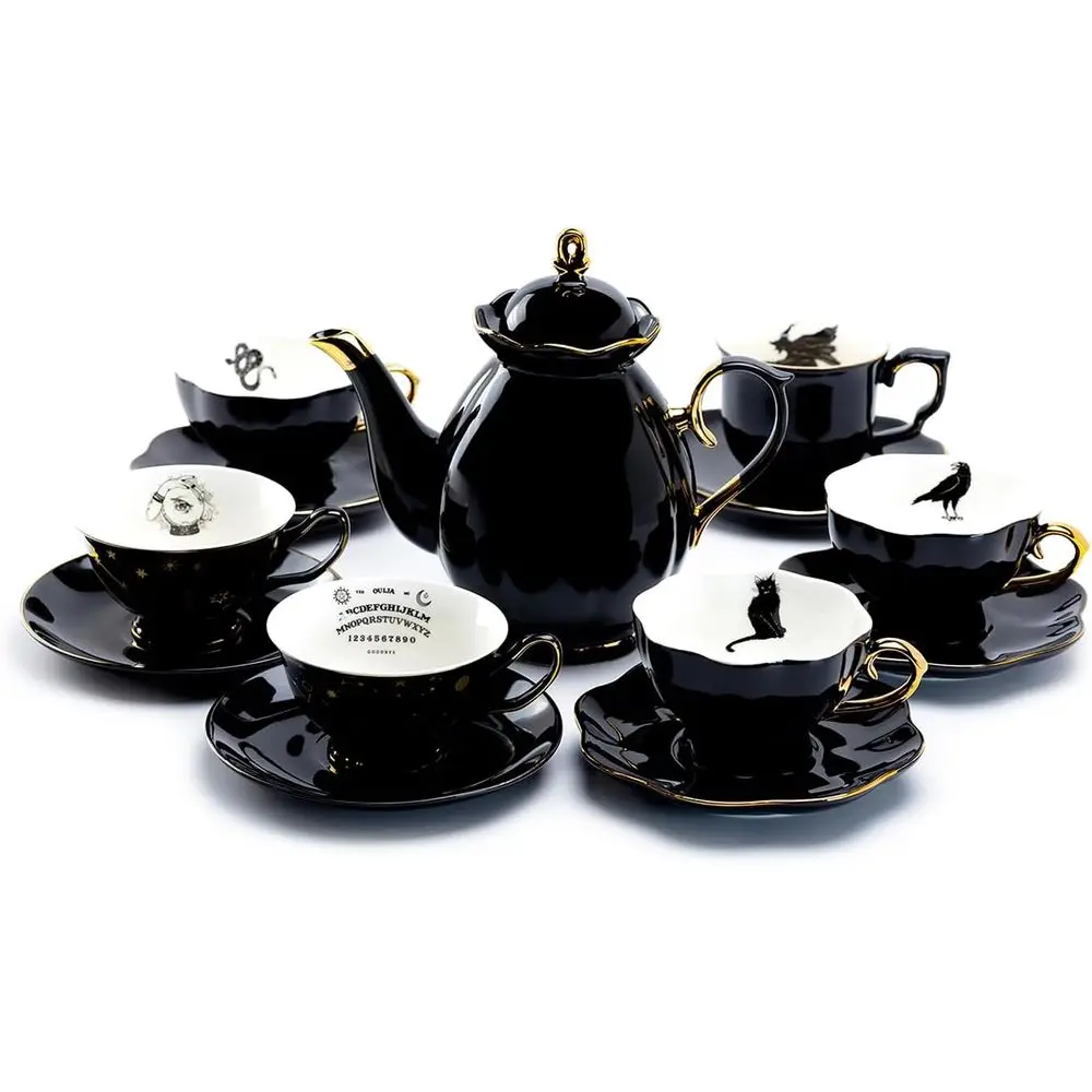 

Black Gold Scallop Teapot + 6 Assorted Halloween Tea Cup and Saucer Sets Hand Painted Gold Trim