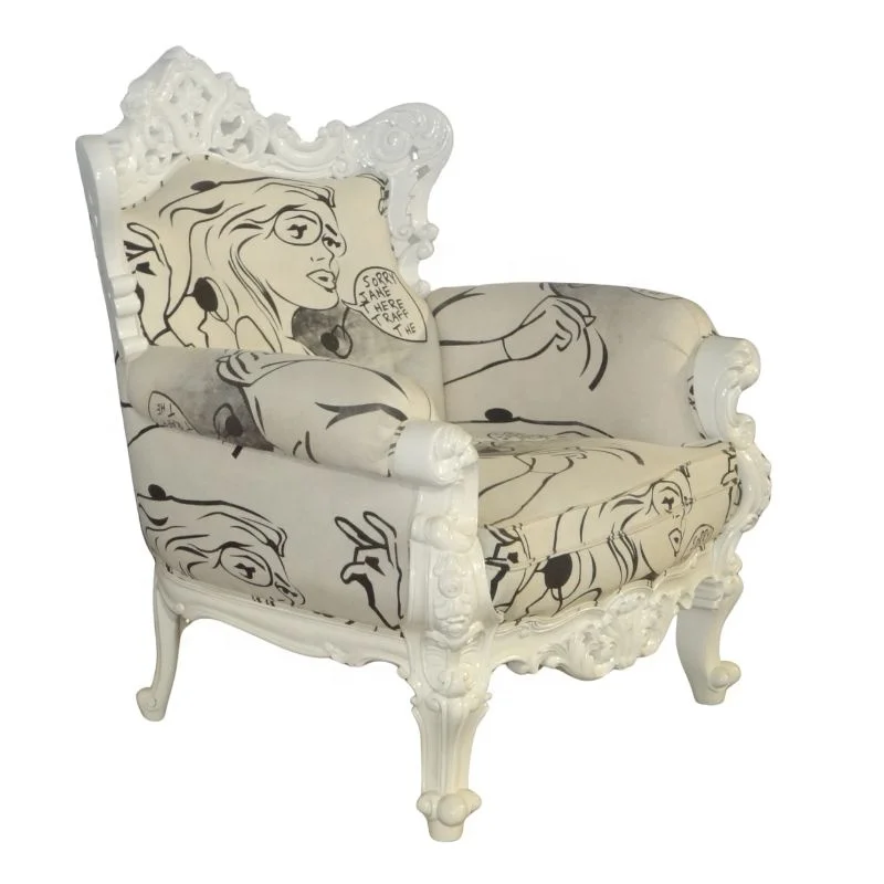 Baroque Sofa in Comic Design Printed Fabric French Style Living Room Sofa Wooden for Modern Home Furniture and Living Room Hotel