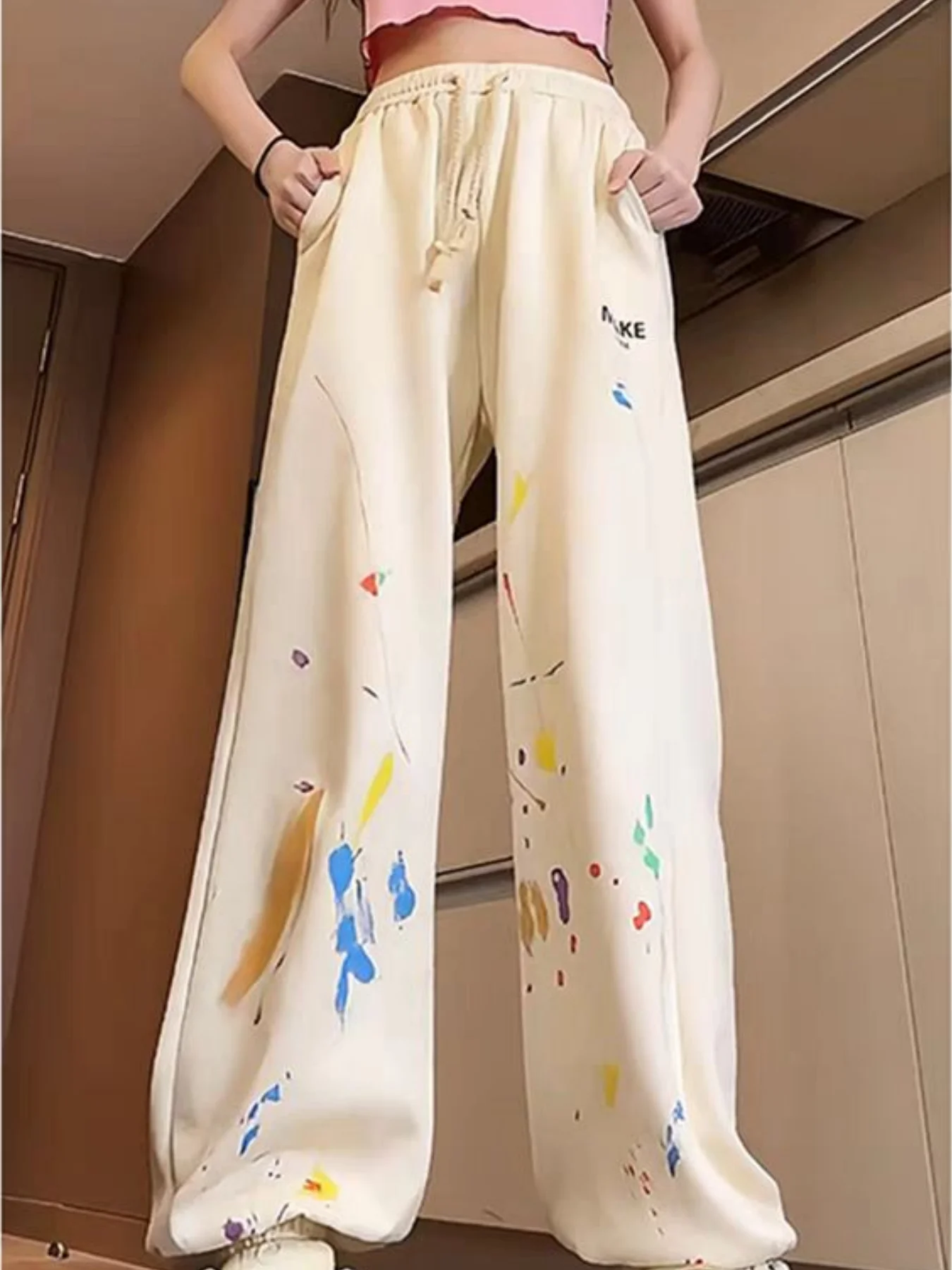 High Street Retro Splatter Graffiti Sarouel pour Femmes, Printemps et Automne Style Coréen Nouvel Étudiant Décontracté Polyvalent Sport Jogger Pantalon À La Mode
