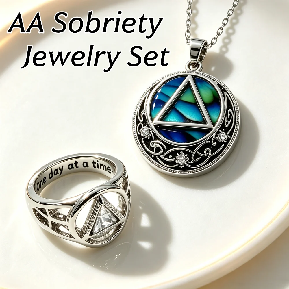 AA Sobriety 2 Pcs Jewelry Set Abalone Shell Triangle Pendant Necklace Hollow Zircon Ring Alcoholics Anonymous Recovery Keepsake
