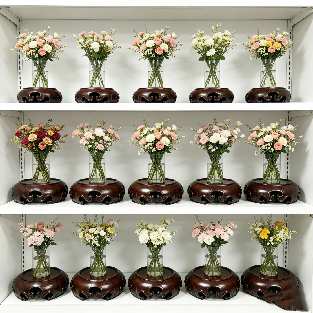 木製ディスプレイスタンド、丸型手彫り台座、多肉植物盆栽プランター用、屋内植木鉢＆家の装飾用木製ベース