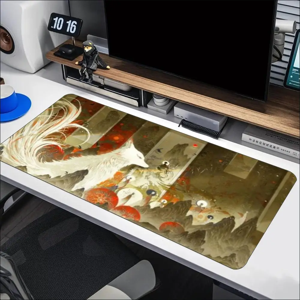 Deep Blue Wolf Starry Night Oversize Gaming Mouse Pad Smooth Surface Stitched Edges Non-slip Mat for Starry Gamer Room