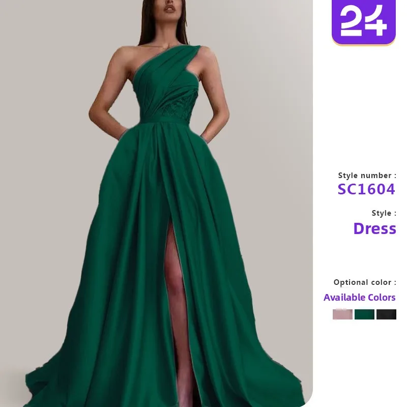 

Весна 2024, сексуальное длинное платье с разрезом и овальными плечами, женское модное трансграничное новое вечернее платье со средней талией, ткань