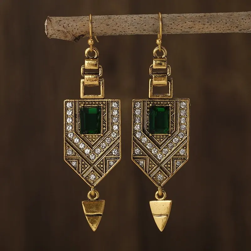 Vintage Palace Style Geometric Design Green Zircon Pendant Earrings, Exquisite and Unique Women's Earrings