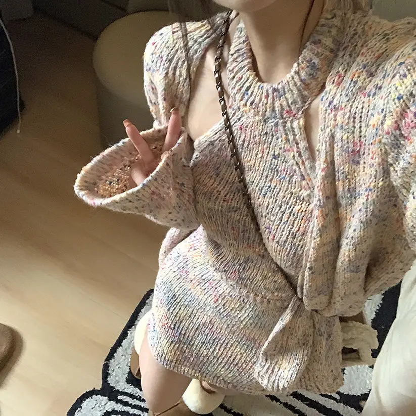 Knitted Sweater Jacket Halter Neck Vest Mini Skirt Three-Piece Women High-Waist Hip-Hugging Sexy Hottie Suit