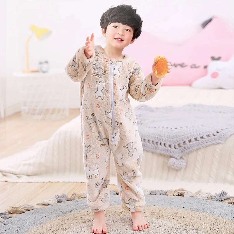 Baby Children Jumpsuits Sleeping Wear Toddler Kids Flannel Romper Long Sleeve Autumn Winter Cute Printed Clothing 2 to 4 Years