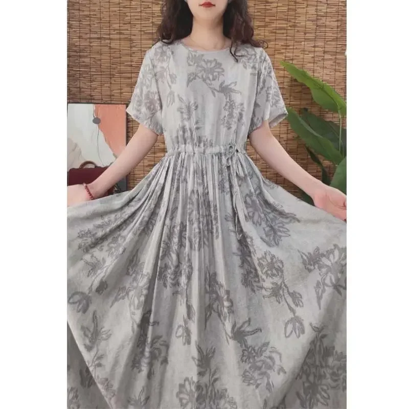 Robe Boho décontractée et ample pour femmes, imprimé Floral gris, manches courtes, Maxi, taille élastique