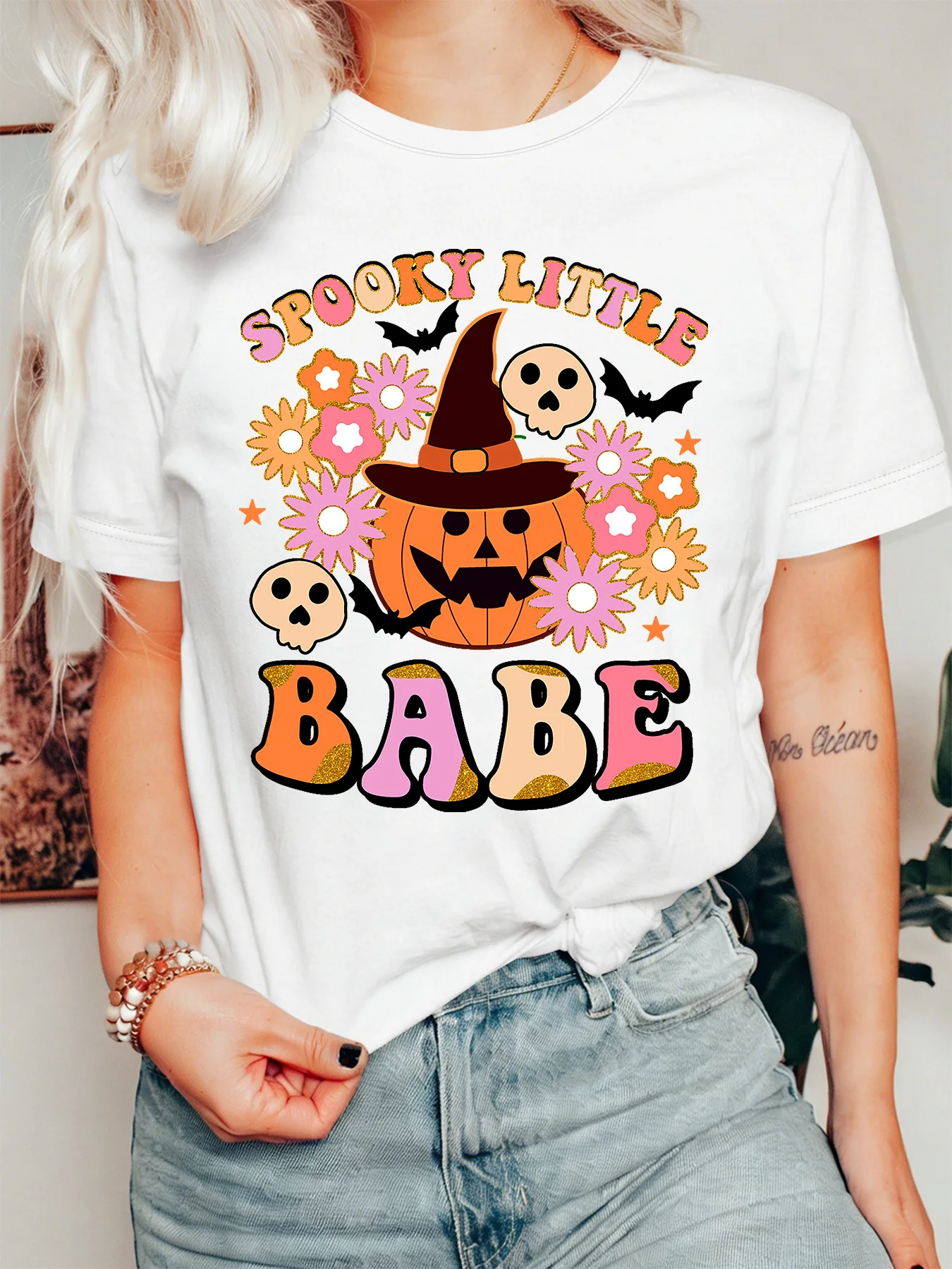 Cute Spooky Babe Womens T Shirt Retro Floral Pumpkin Witch Hat Skull Bat Star Graphic Short Sleeve O Neck Casual Holiday Tops