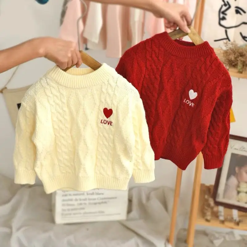 

Girls' Sweater Autumn/Winter New Thickened Children's Round Neck Love Knitted Shirt Baby Outerwear Sweater