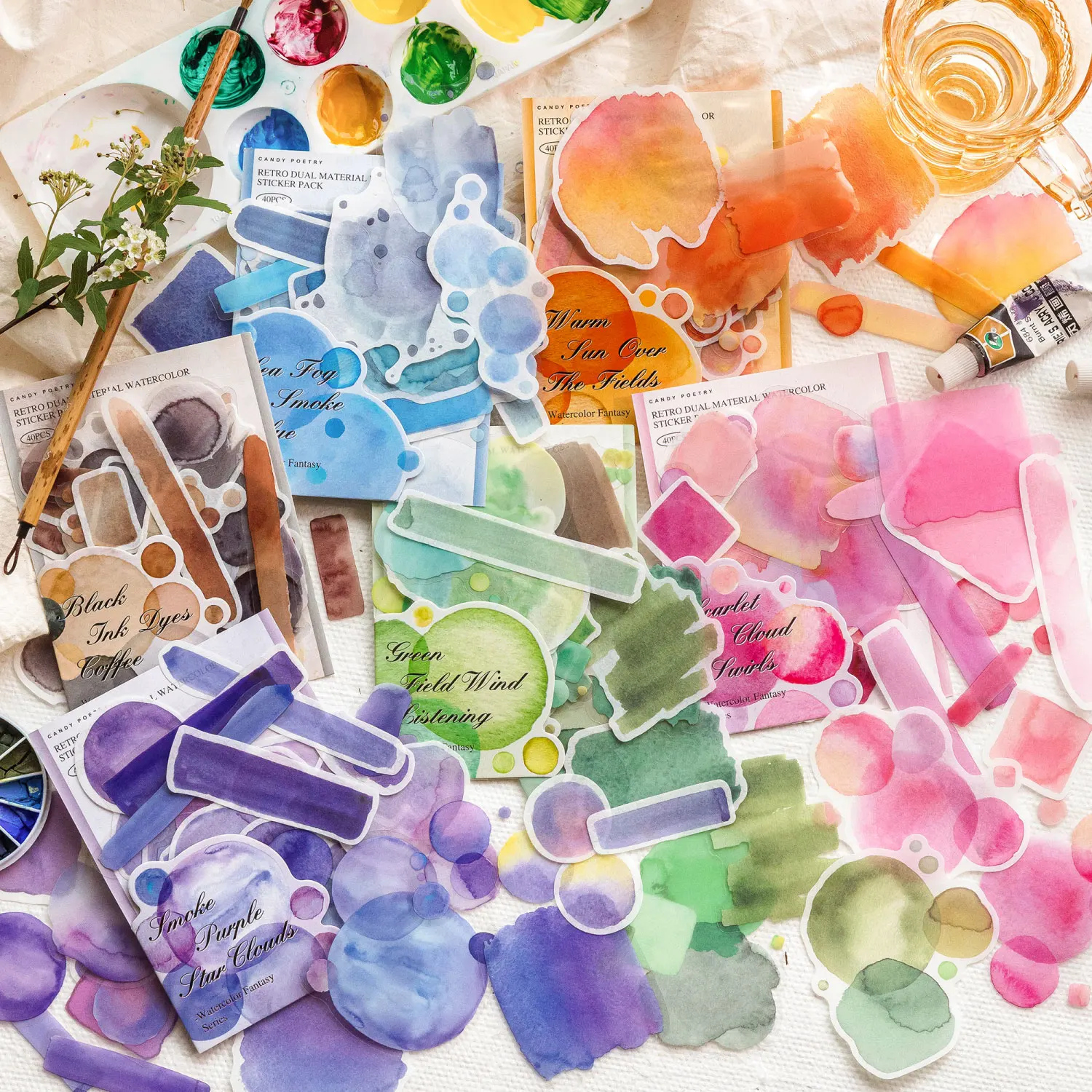 40 Stück kreative Aquarell-Fantasie-Aufkleber, handgemachte DIY-Aufkleber-Etiketten, Scrapbooking-Material, Junk-Journal-Zubehör