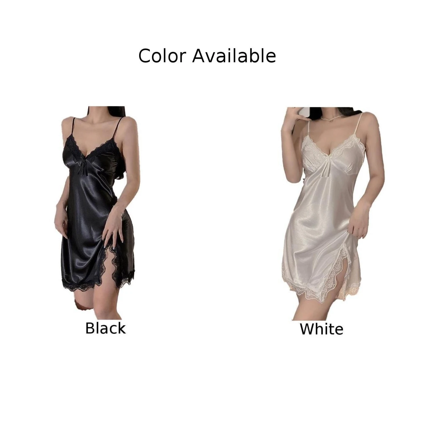 Women Comfortable Smooth Satin Nightdress Sexy Spaghetti Straps Deep V Neck Nightgown Sleepwear Lace Seductive Nightwear