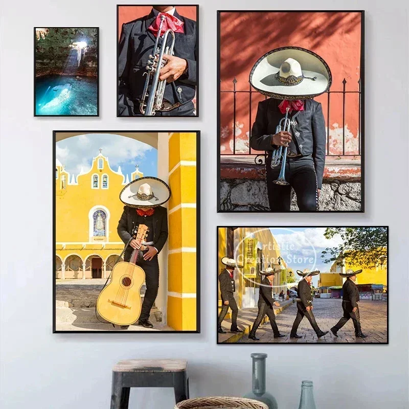 Mexico City Travel Poster Humanistic Landscape The Four Mariachis Trumpet Canvas Painting Prints Pictures Wall Art Home Decor