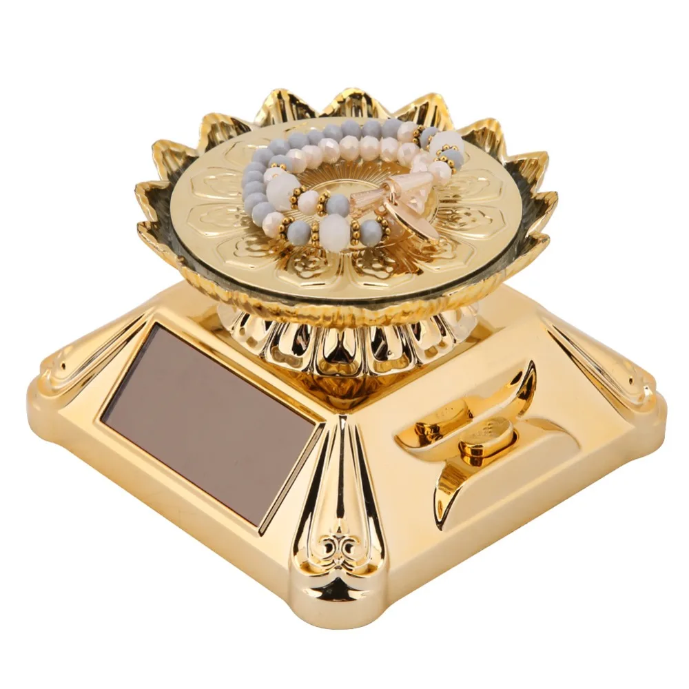 360 Degree Rotation Solar Showcase ABS Tray Gold/Silver Color Display Stand Solar Powered LED Lights Ring Display Watch Display