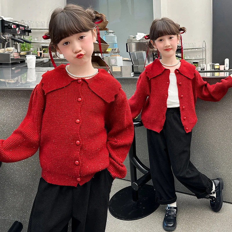 Spring Fall Children Peter Pan Collar Red Sweater for Tweens Girl Brief Style Knitted Cardigan Kids Casual Button Knitwear 4-14Y