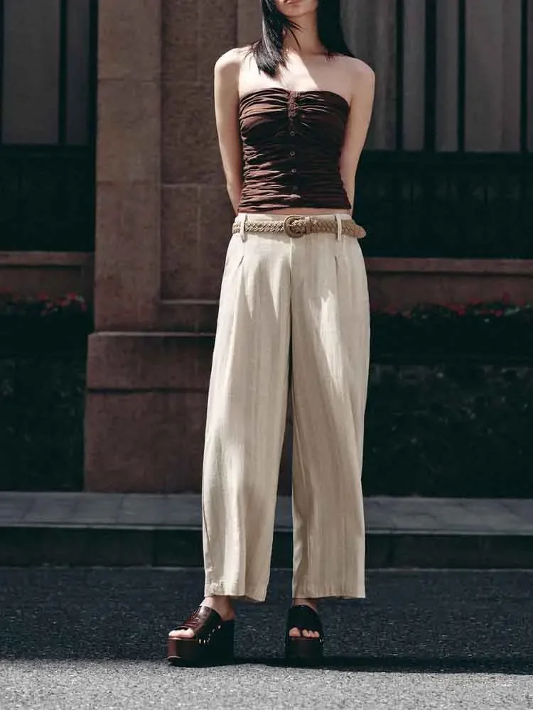 

European style new women's fashion versatile temperament solid color linen blended pleated corset top